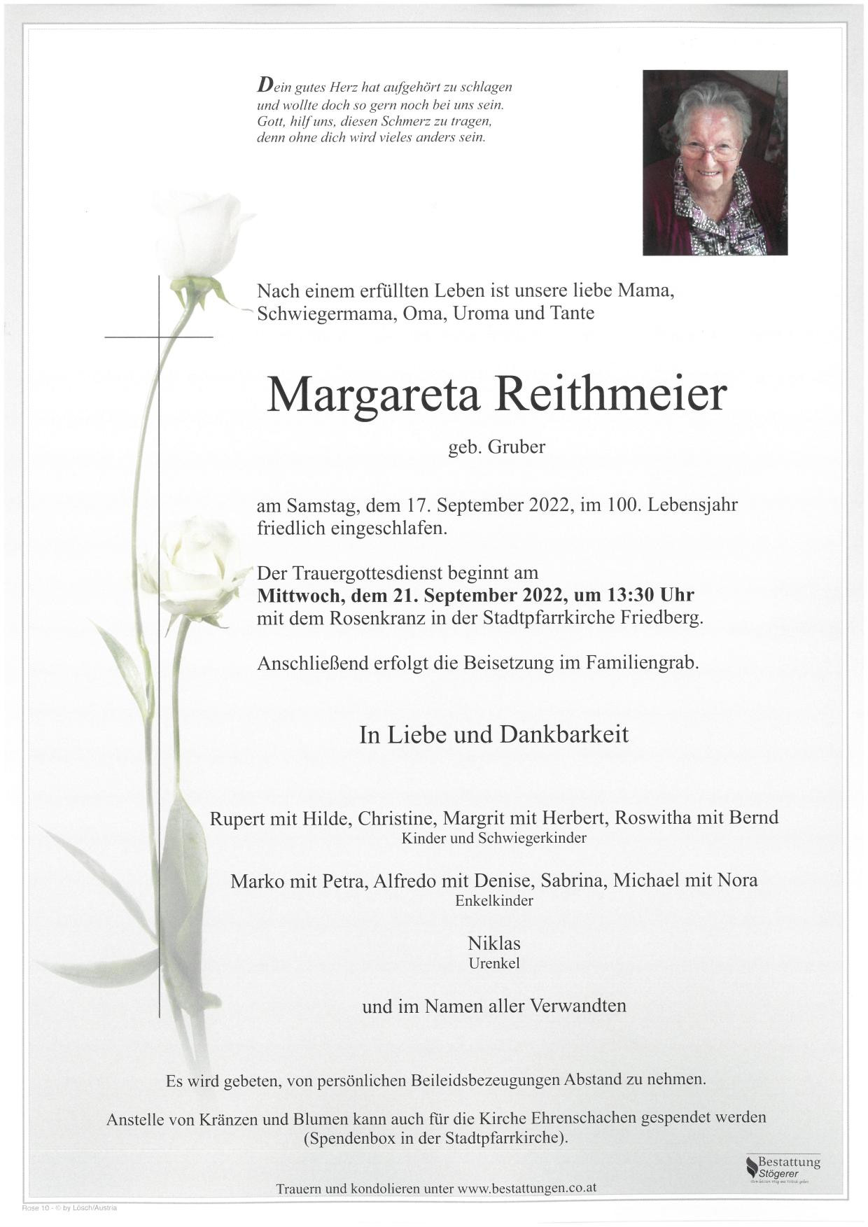 Traueranzeige von Margareta Reithmeier