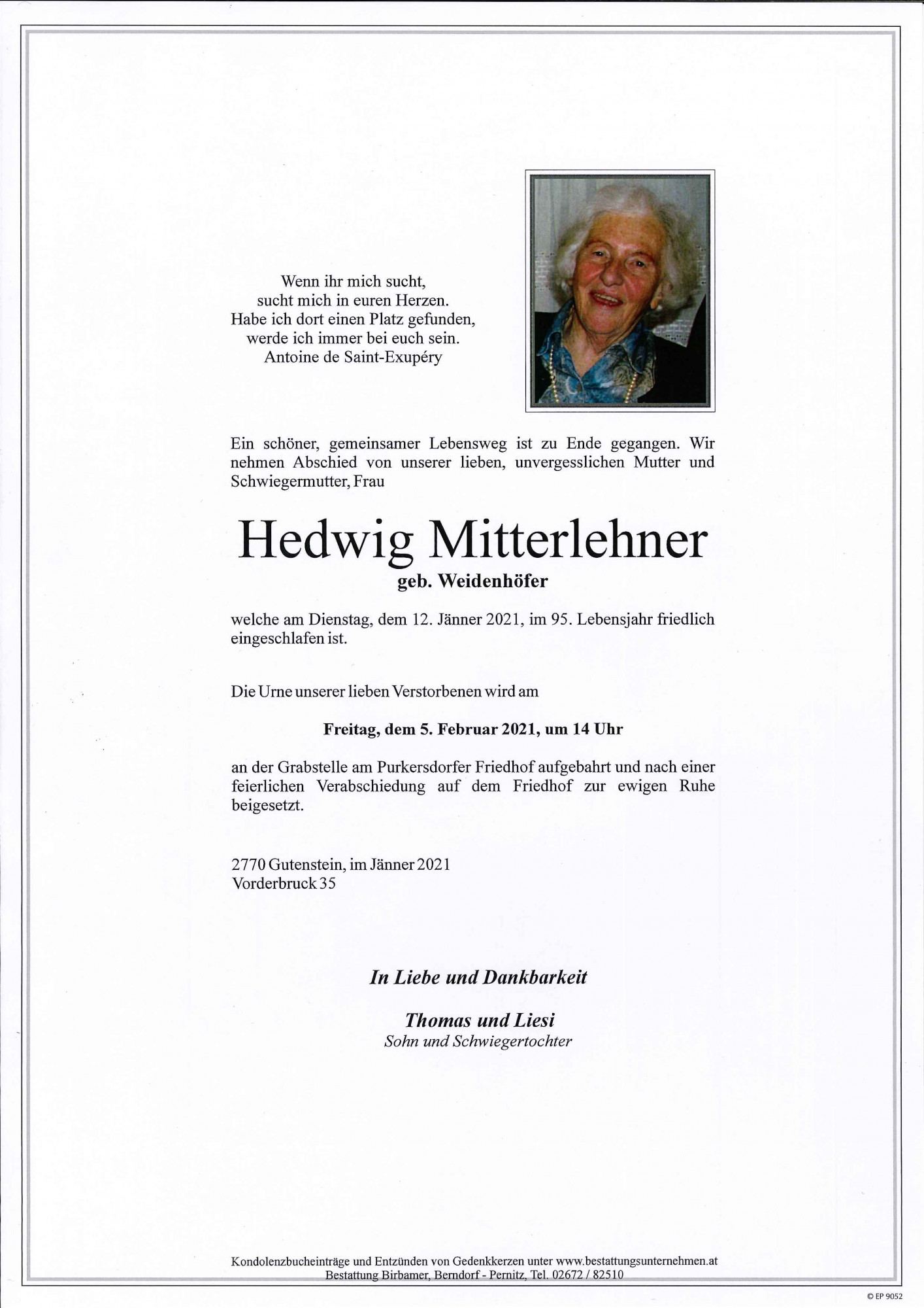 Traueranzeige von Hedwig Mitterlehner