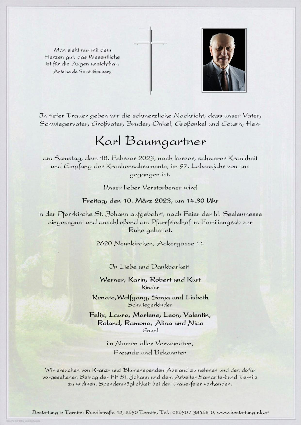 Traueranzeige von Karl Baumgartner