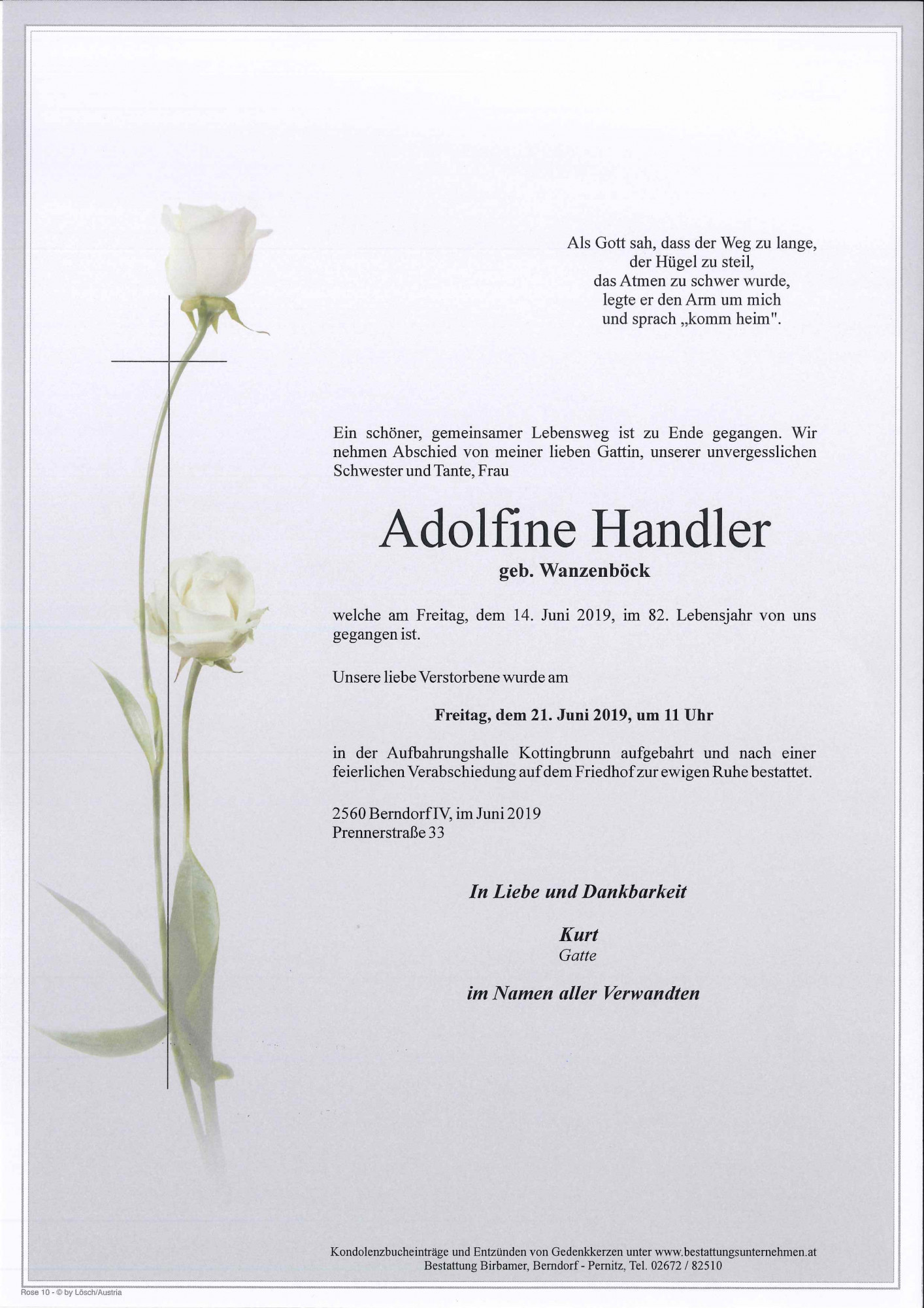 Traueranzeige von Adolfine Handler