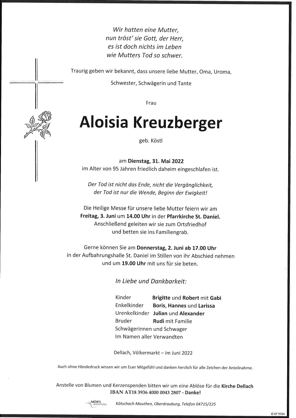 Traueranzeige von Aloisia Kreuzberger