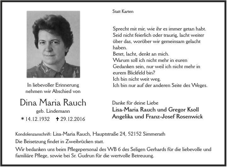Traueranzeige von Dina Rauch