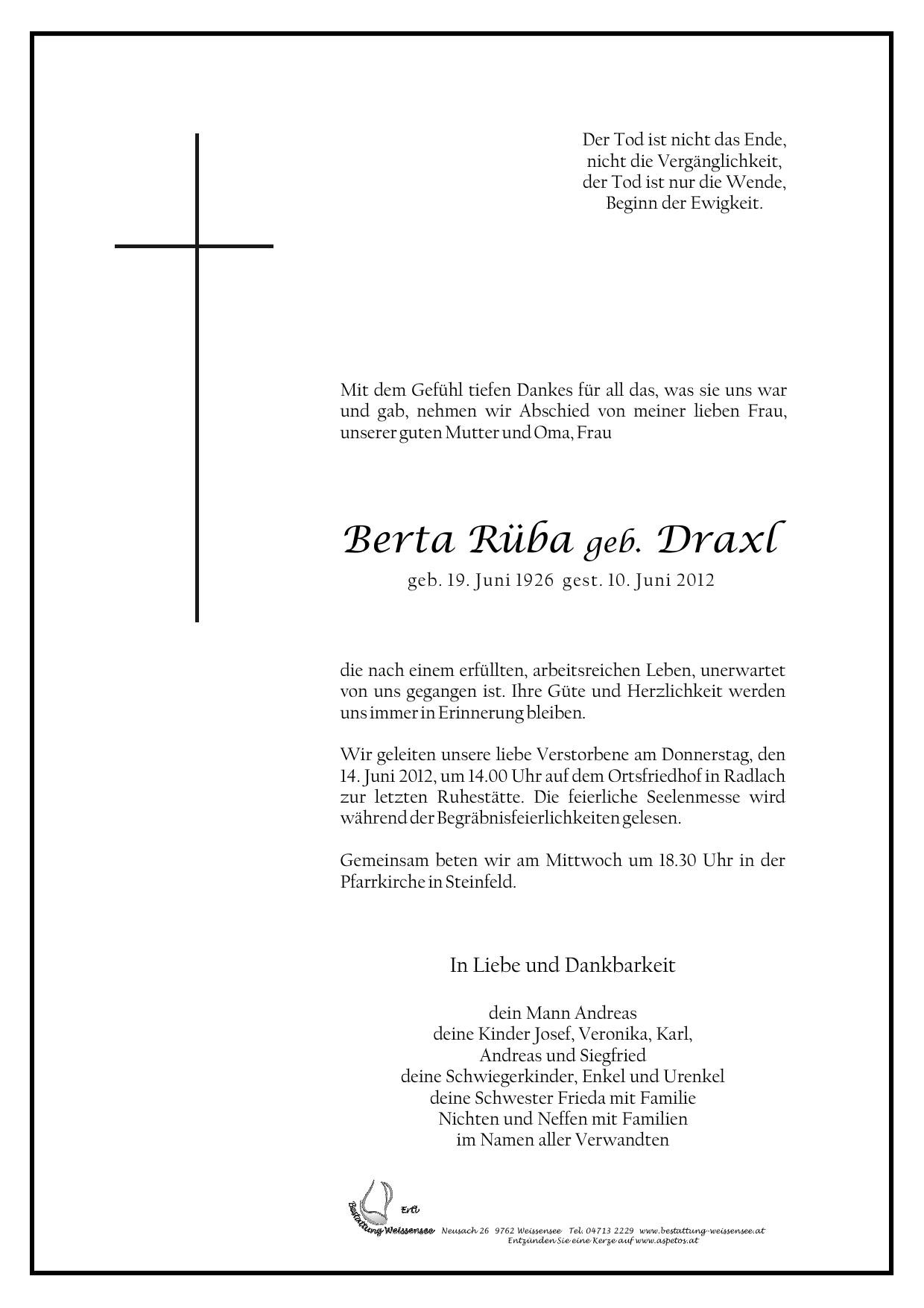 Traueranzeige von Berta Rüba