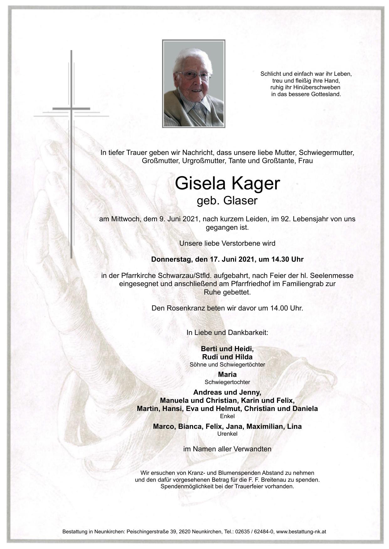 Traueranzeige von Gisela Kager