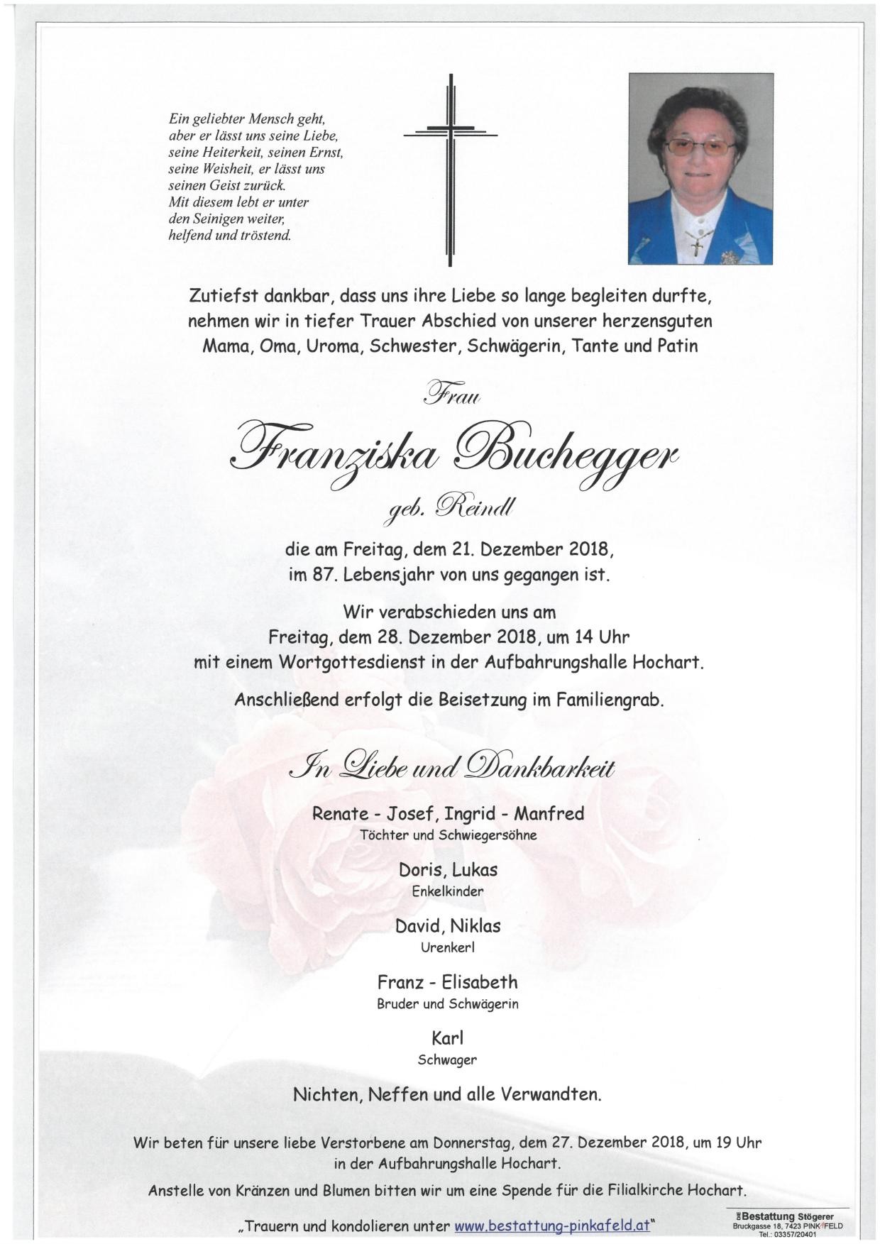 Traueranzeige von Franziska Buchegger