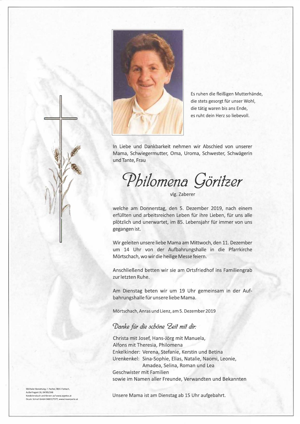 Traueranzeige von Philomena Göritzer