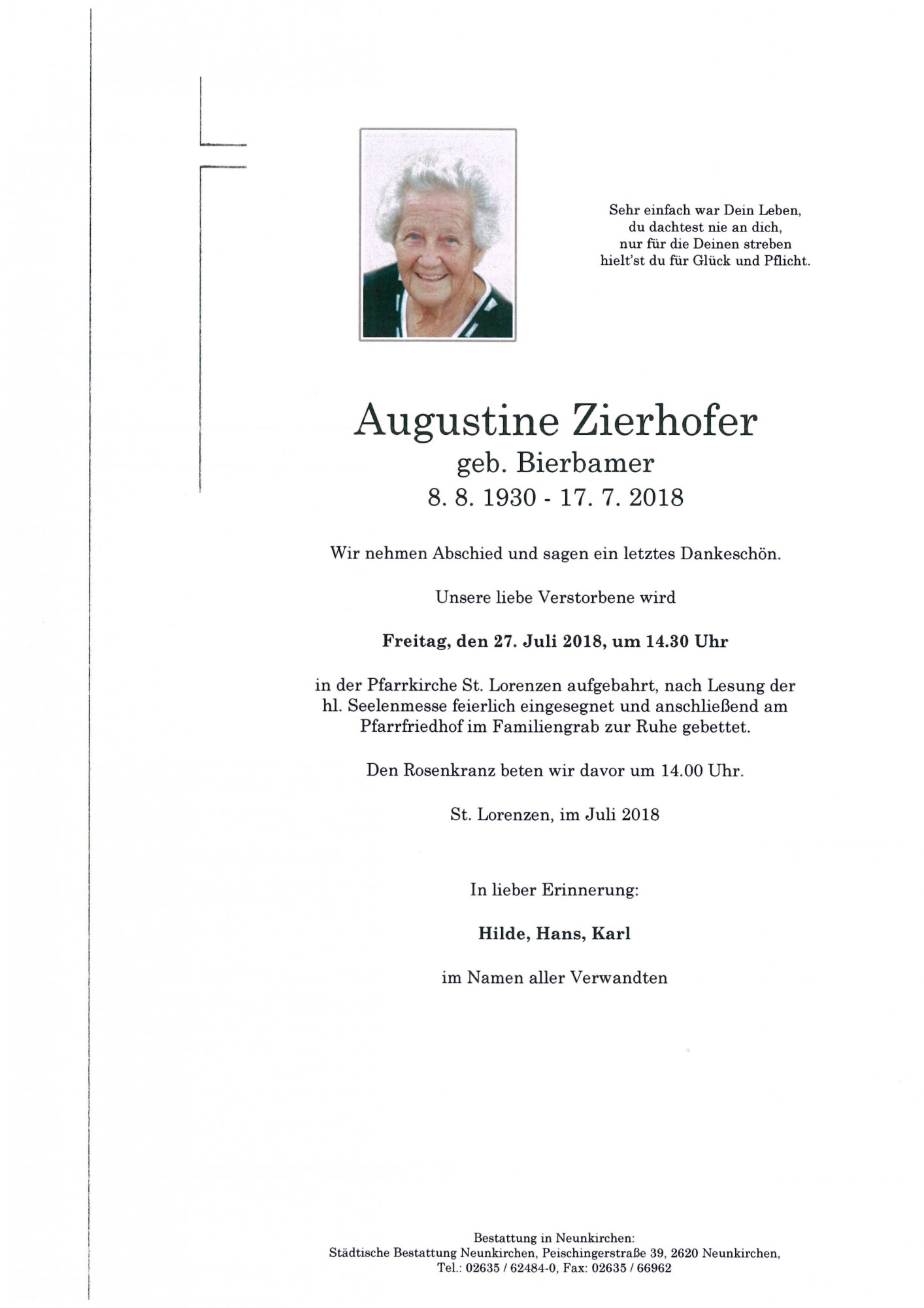 Traueranzeige von Augustine Zierhofer