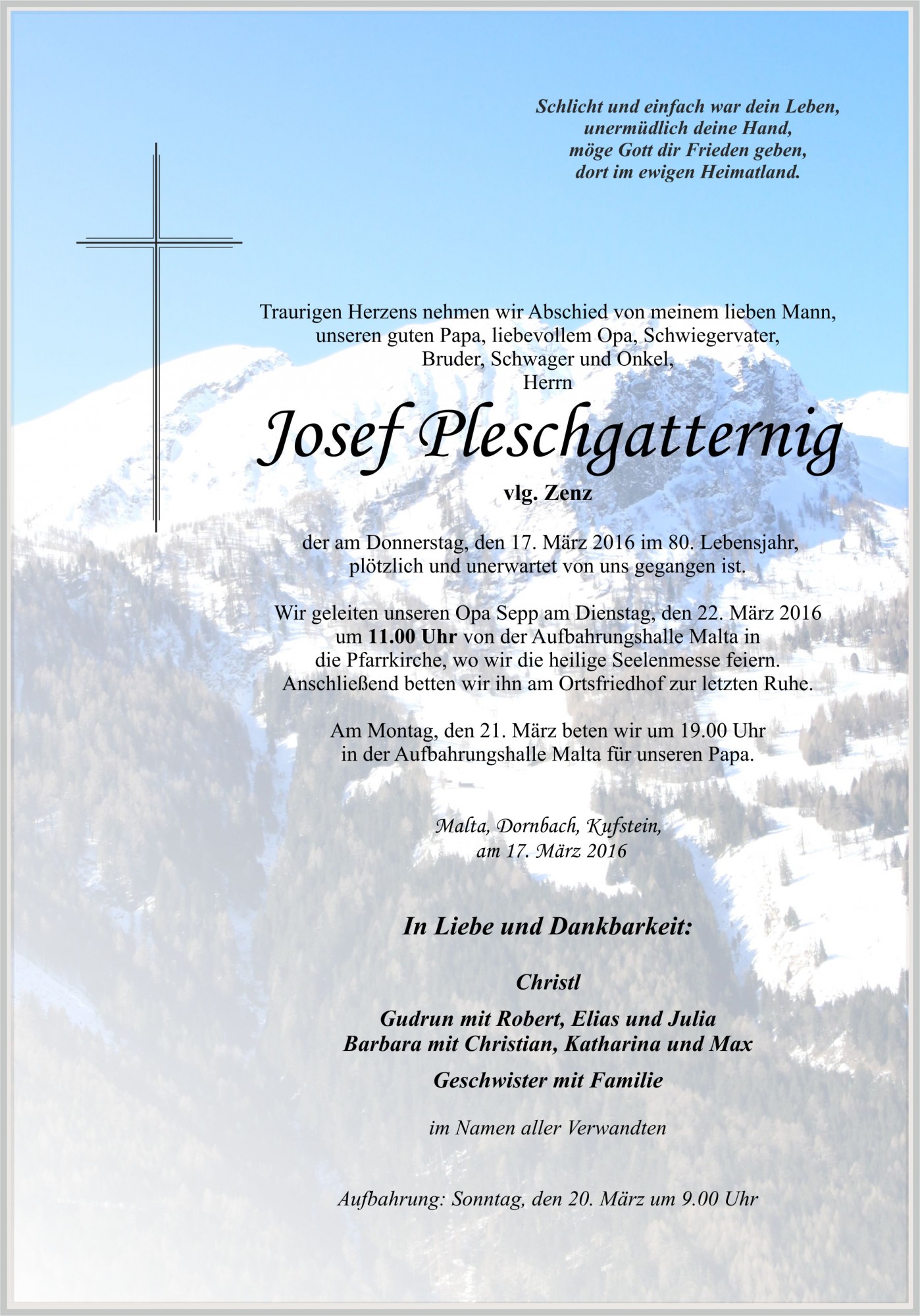 Traueranzeige von Josef Pleschgatternig