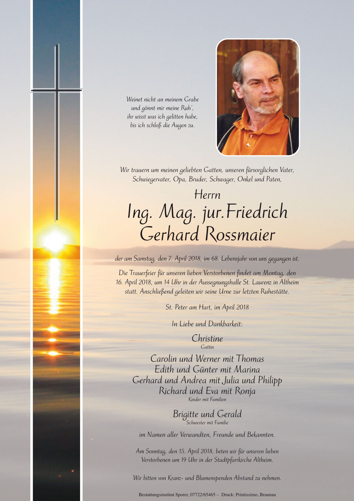 Traueranzeige von Ing. Mag. jur. Friedrich Gerhard Rossmaier