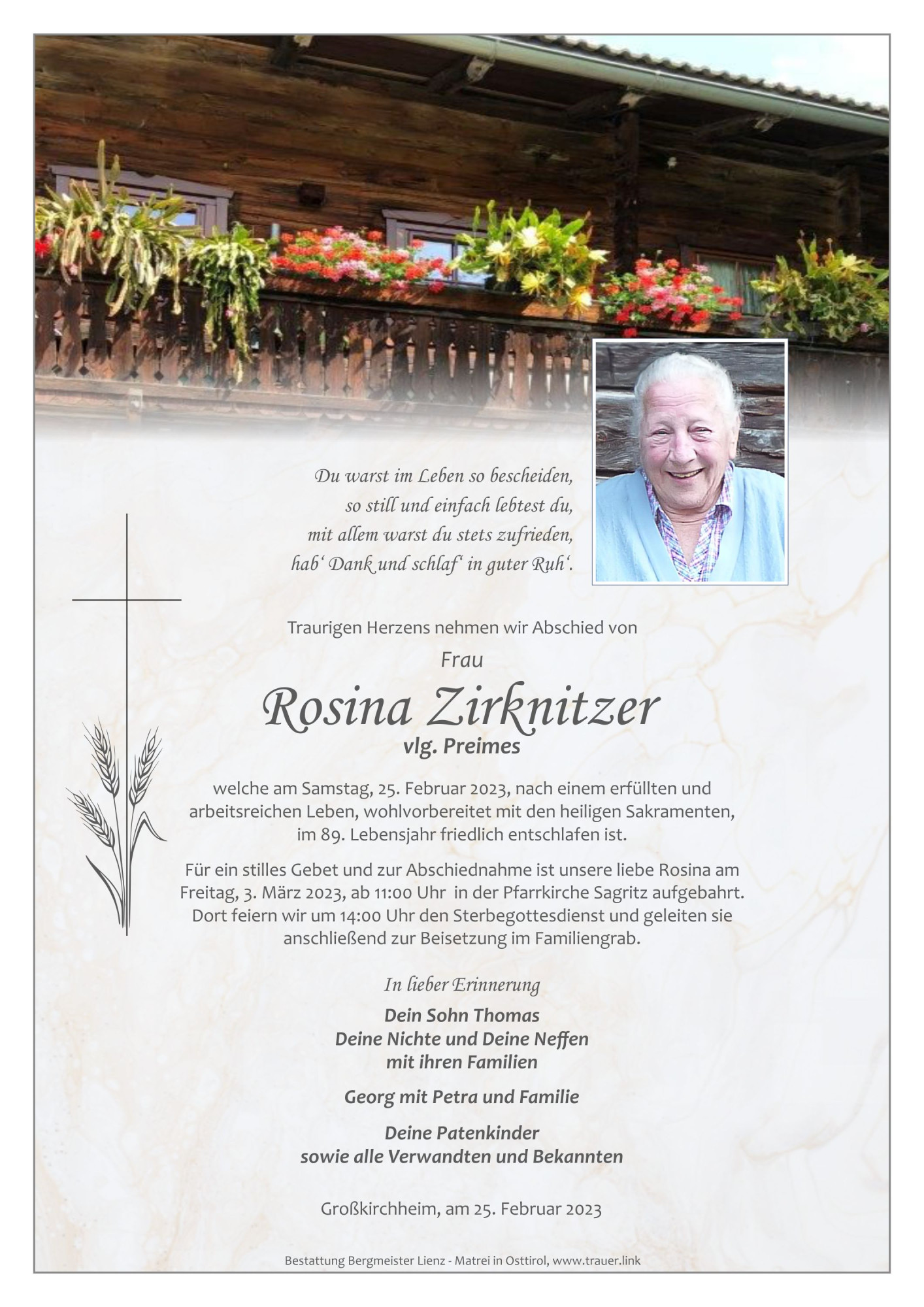 Traueranzeige von Rosina Zirknitzer