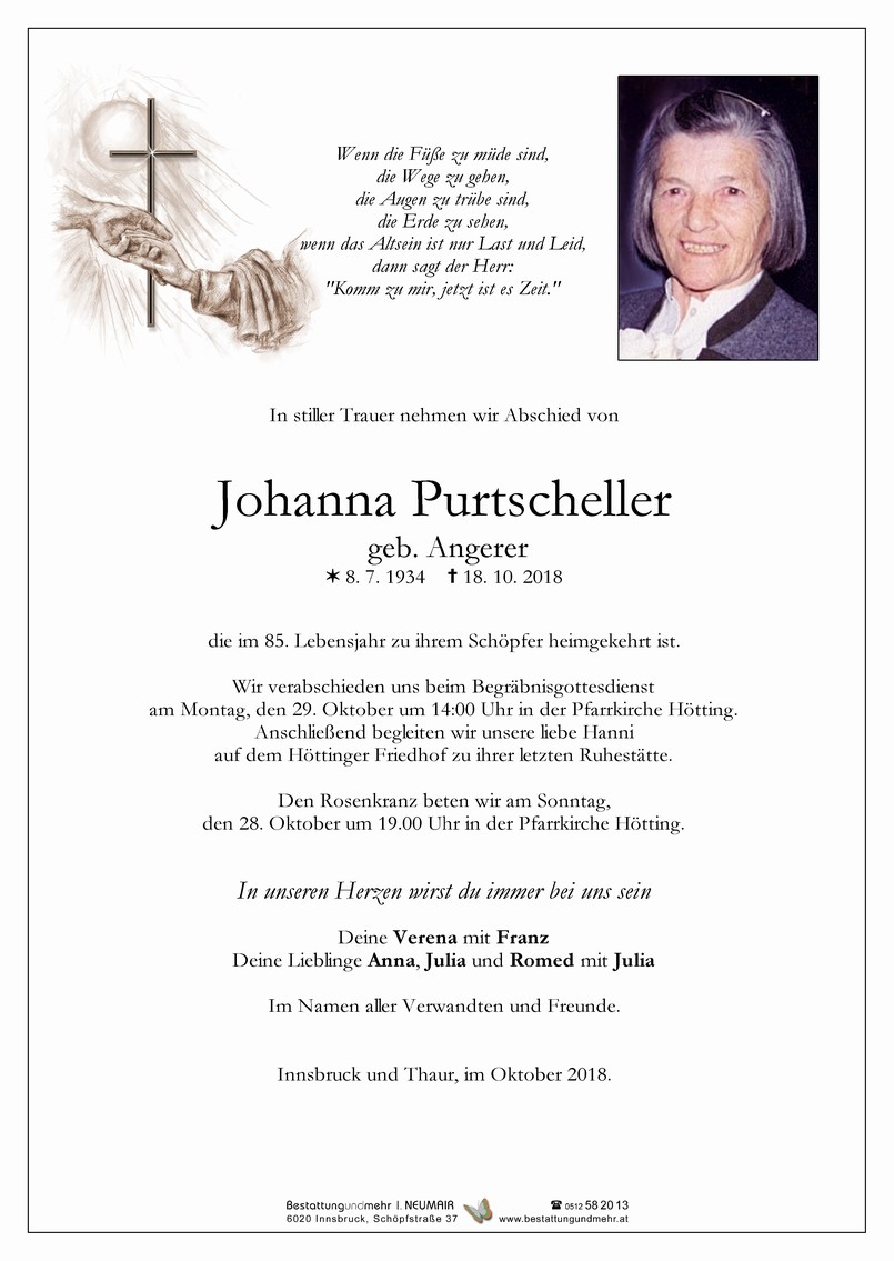 Traueranzeige von Johanna Purtscheller