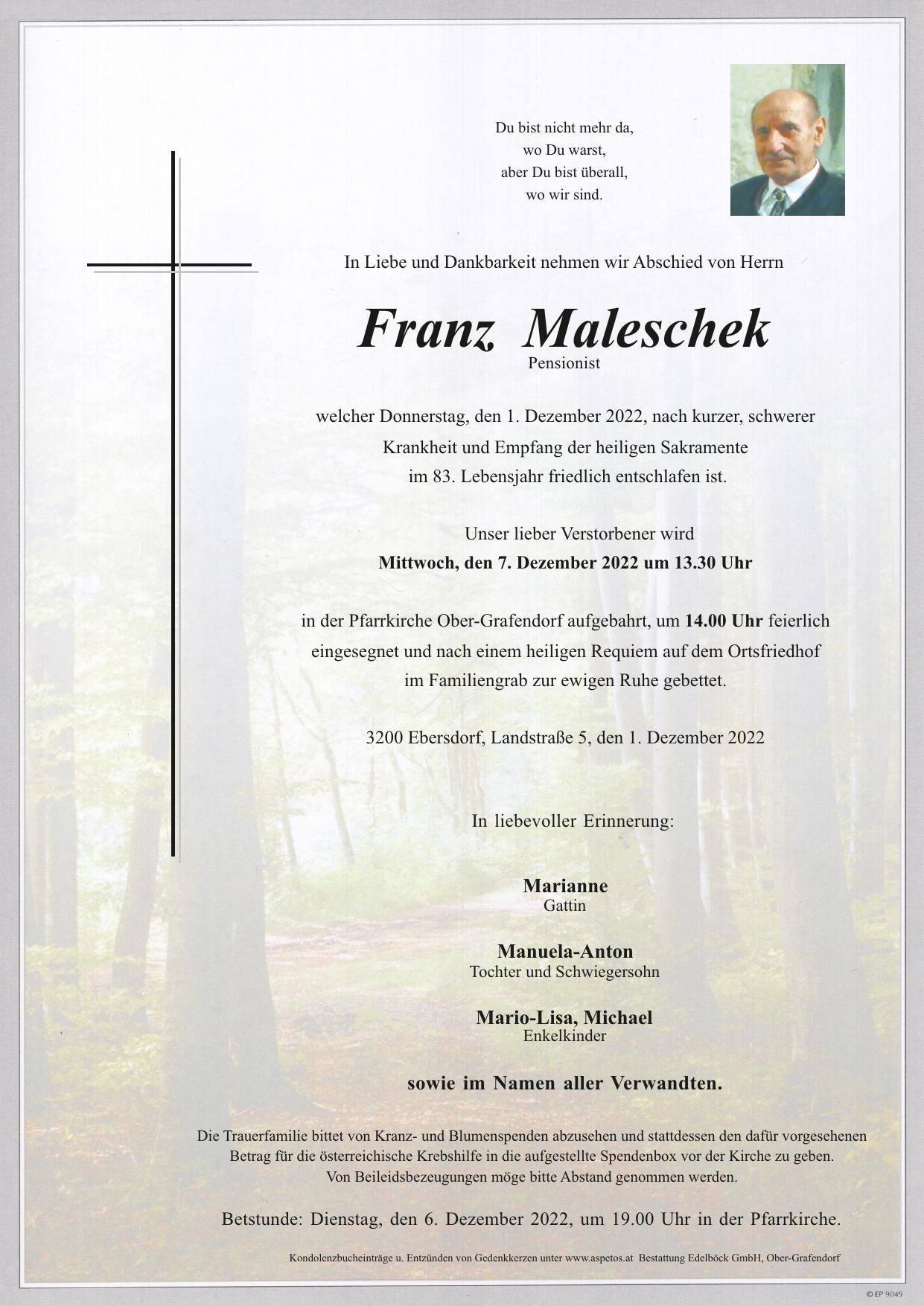 Traueranzeige von Franz Maleschek