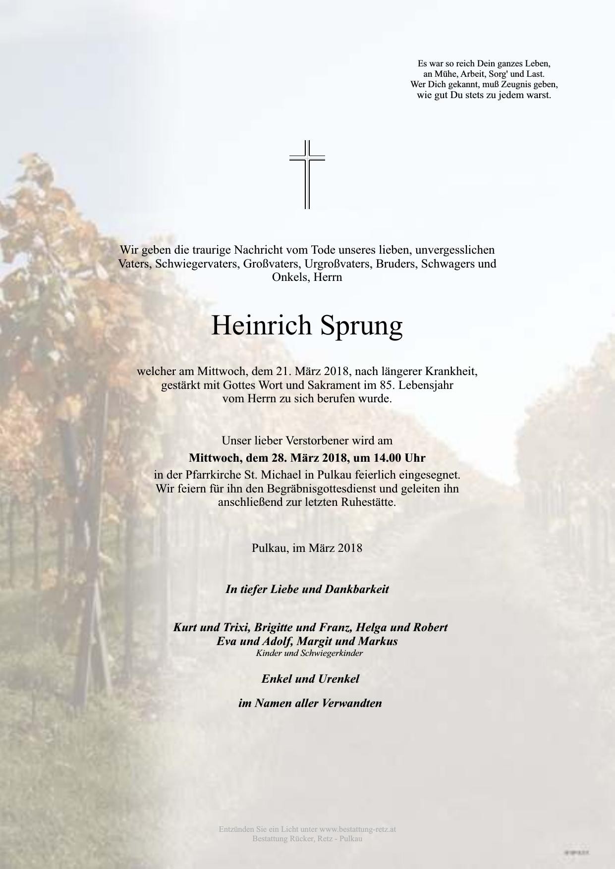 Traueranzeige von Heinrich Sprung