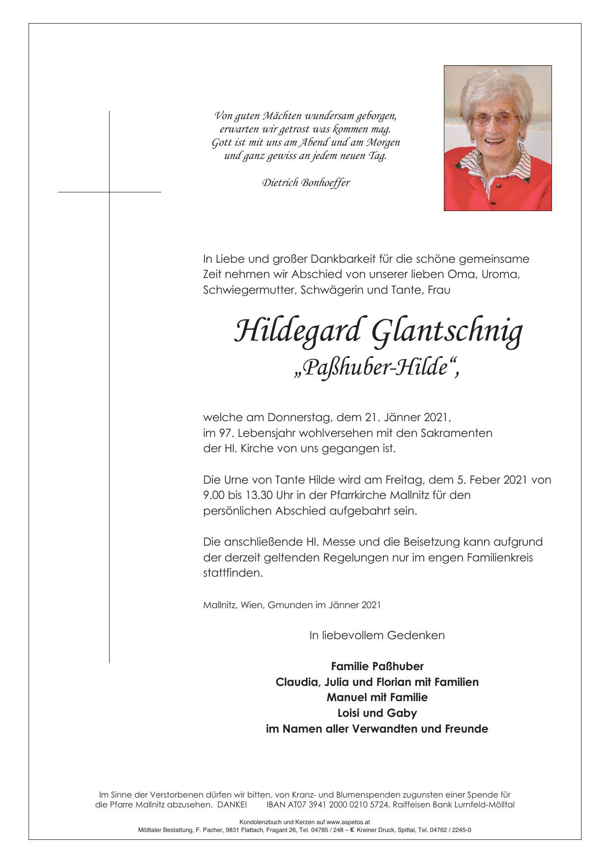 Traueranzeige von Hildegard Glantschnig