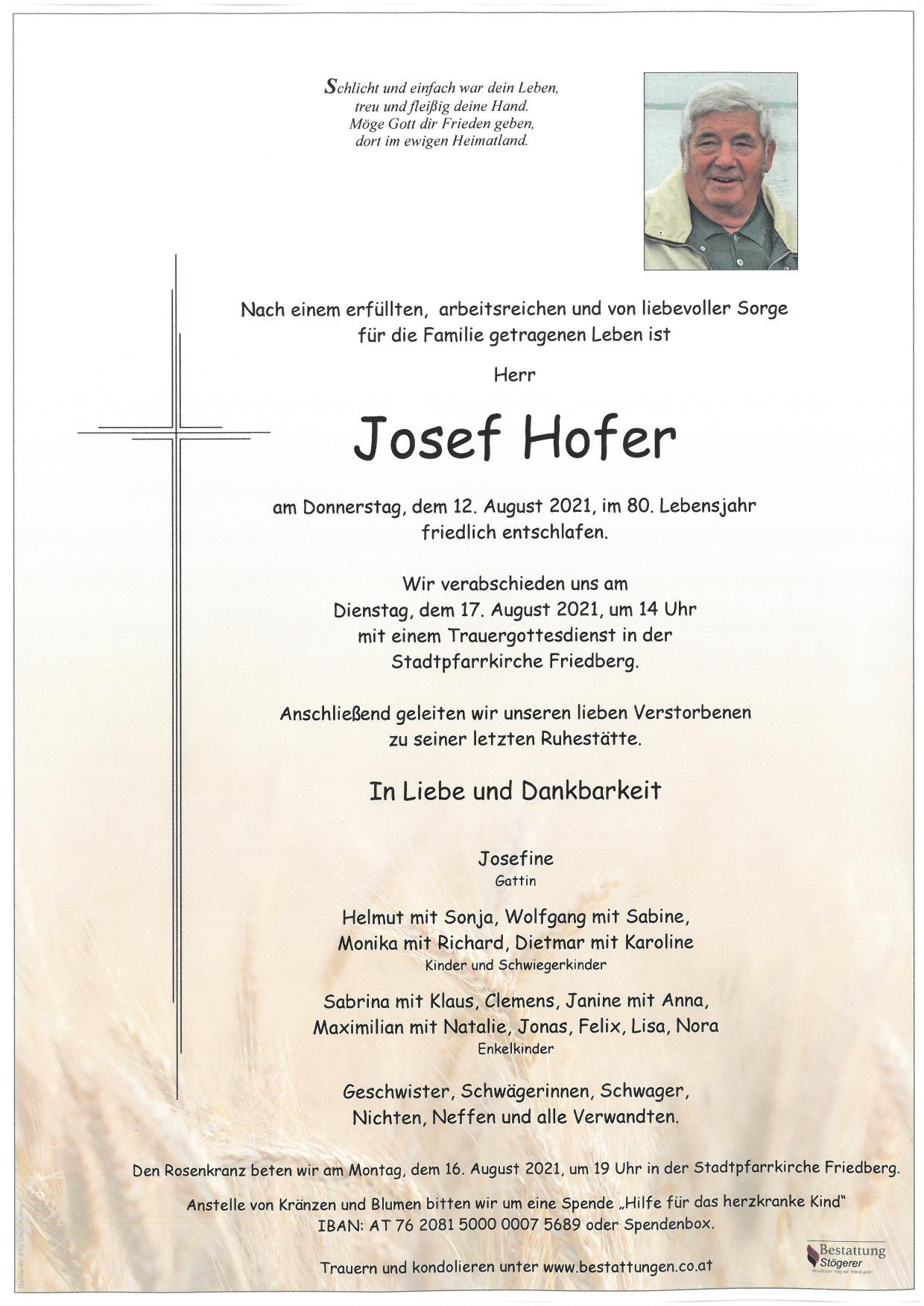Traueranzeige von Josef Hofer
