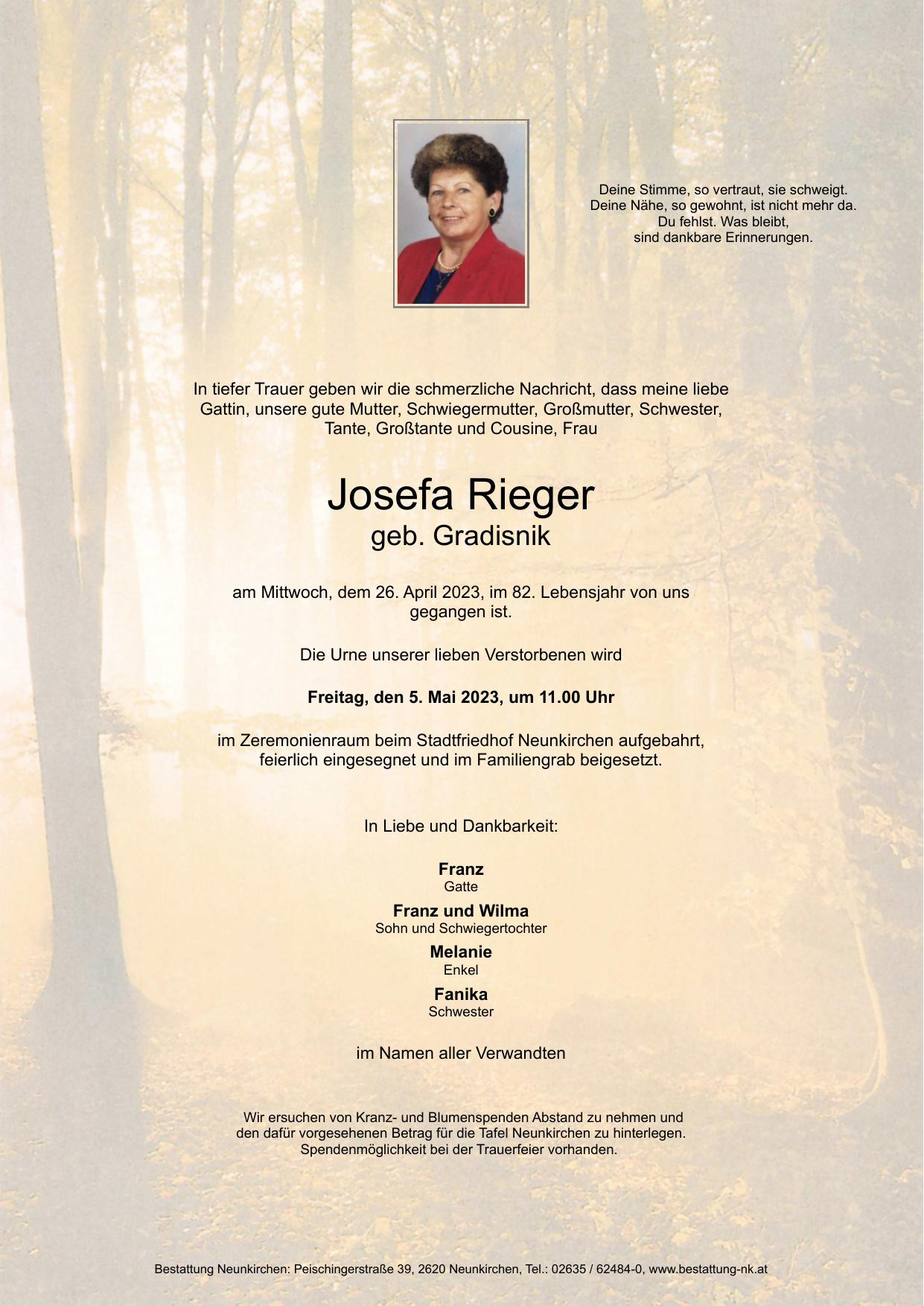 Traueranzeige von Josefa Rieger
