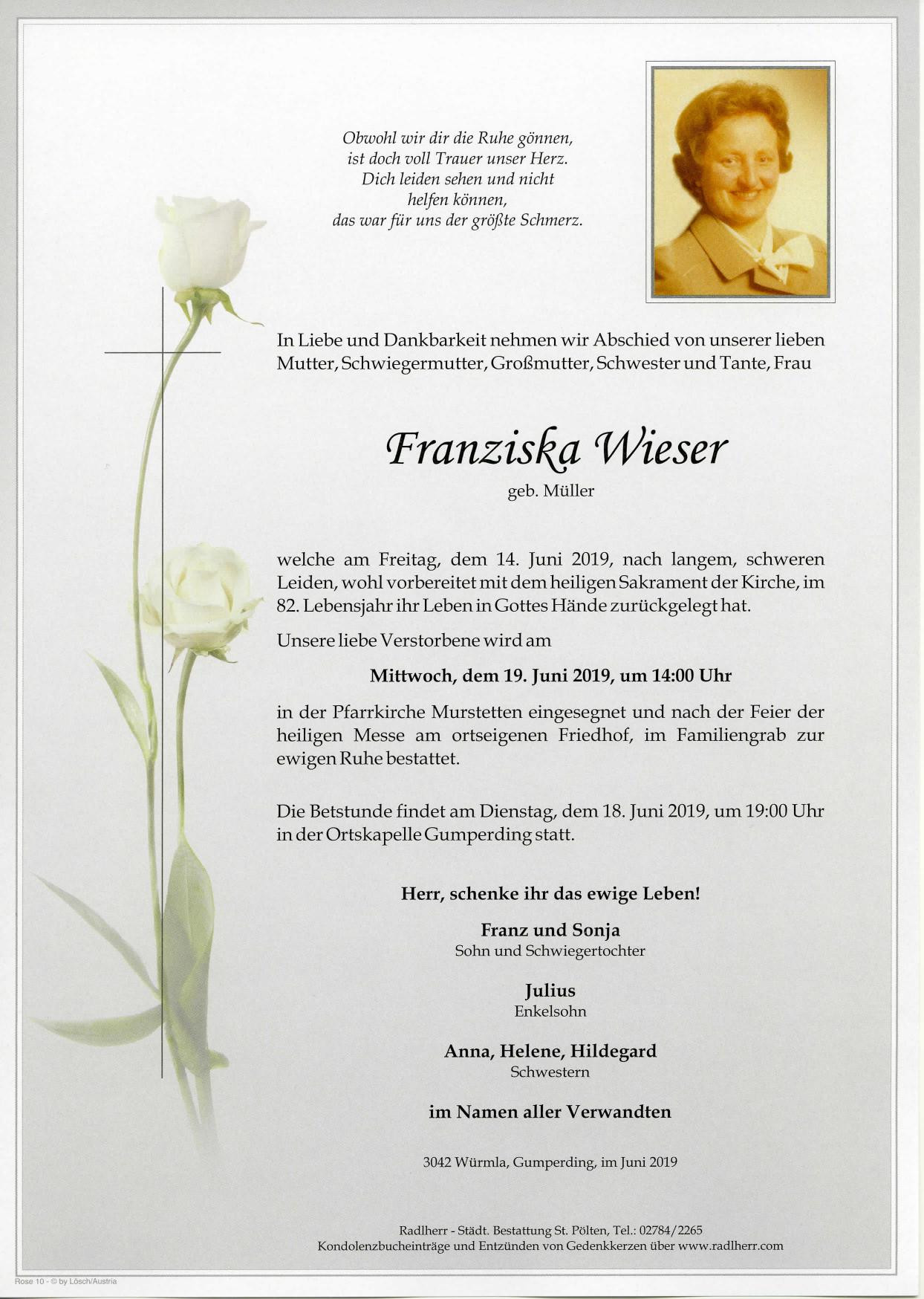 Traueranzeige von Franziska Wieser