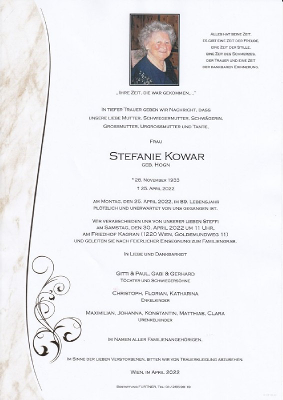 Traueranzeige von Stefanie Kowar