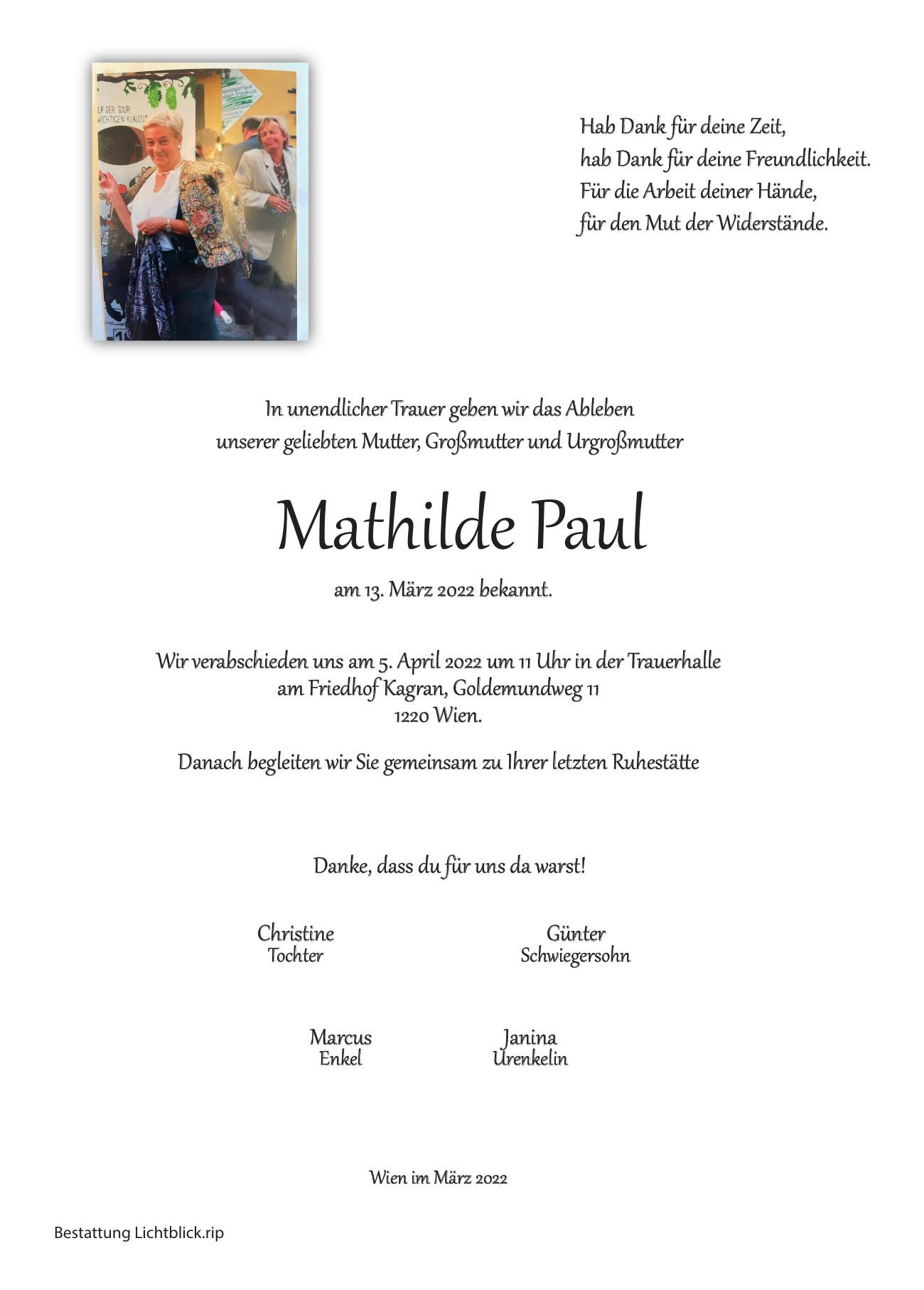 Traueranzeige von Mathilde Paul
