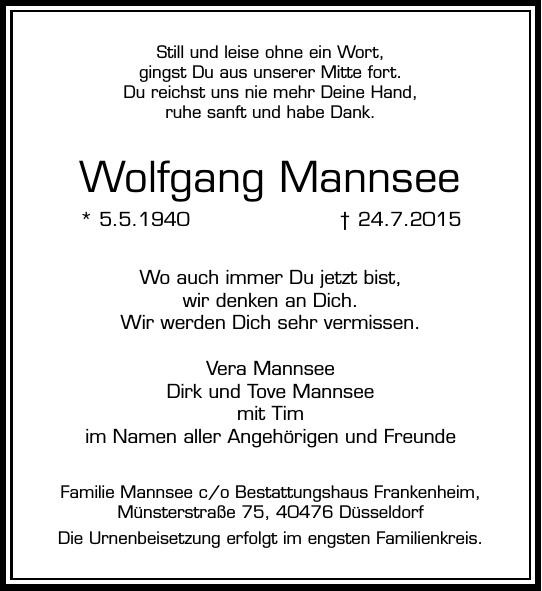 Traueranzeige von Wolfgang Mannsee