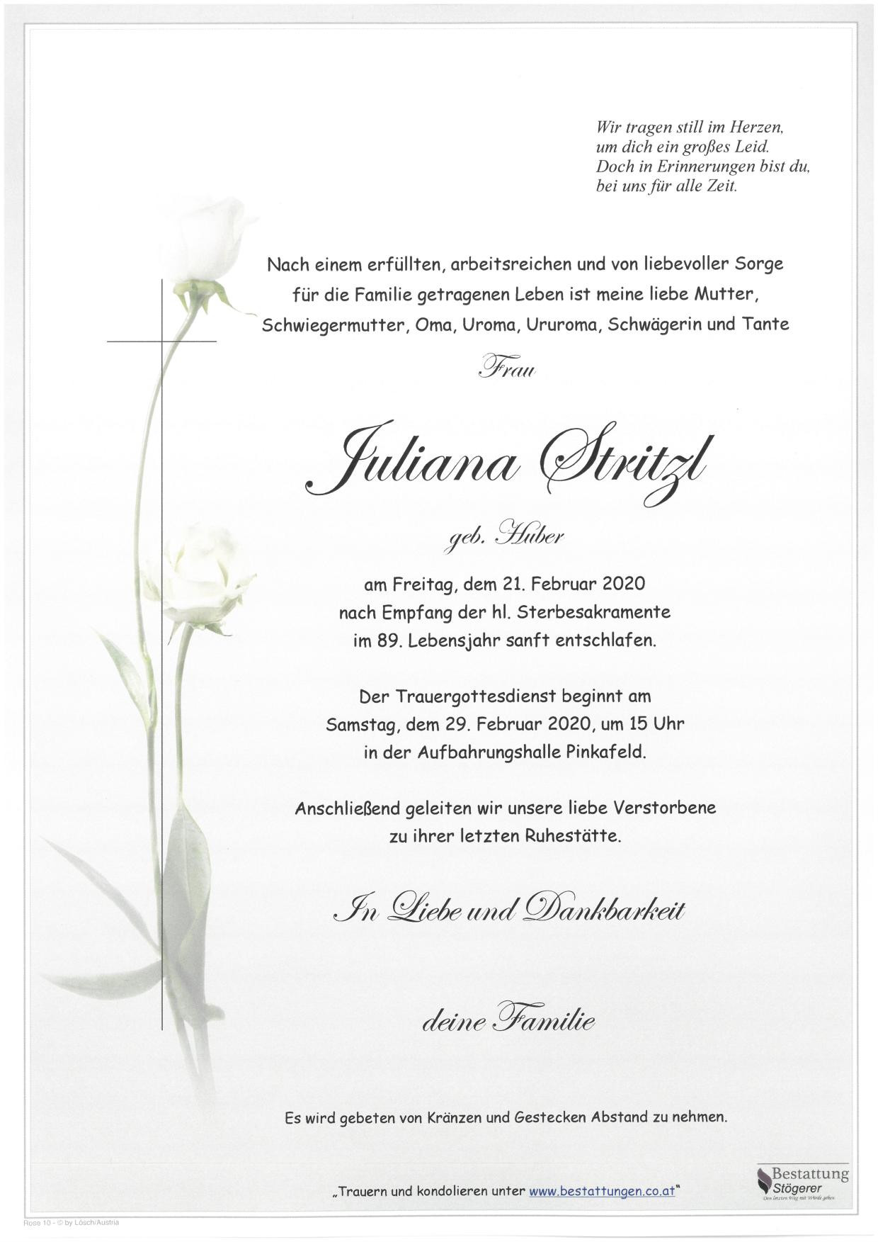 Traueranzeige von Juliana Stritzl