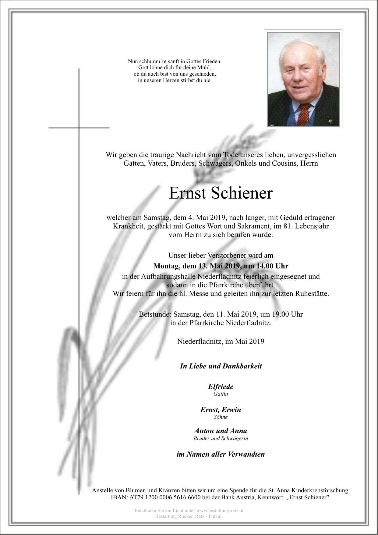 Traueranzeige von Ernst Schiener