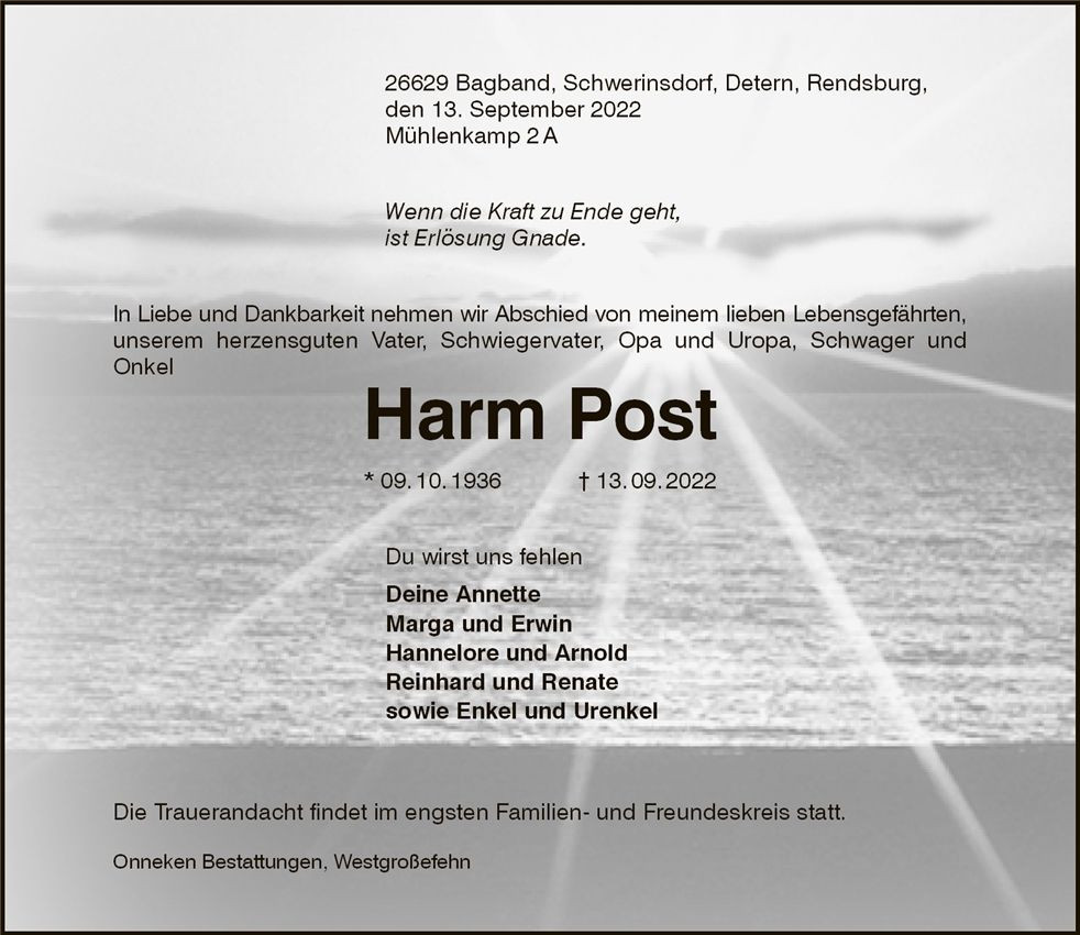 Traueranzeige von Harm Post