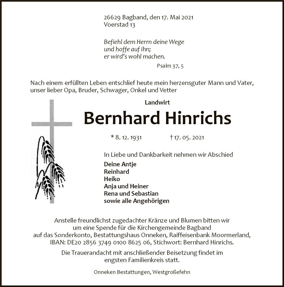 Traueranzeige von Bernhard Hinrichs