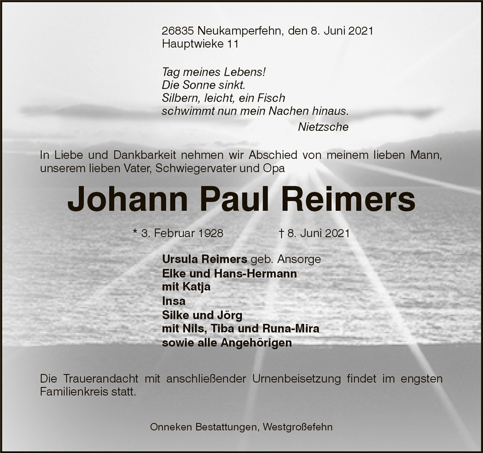 Traueranzeige von Johann Paul Reimers
