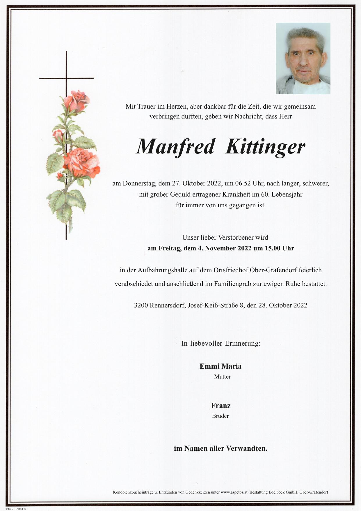 Traueranzeige von Manfred Kittinger