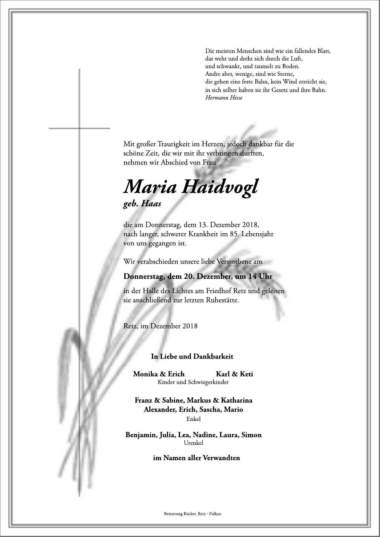 Traueranzeige von Maria Haidvogl
