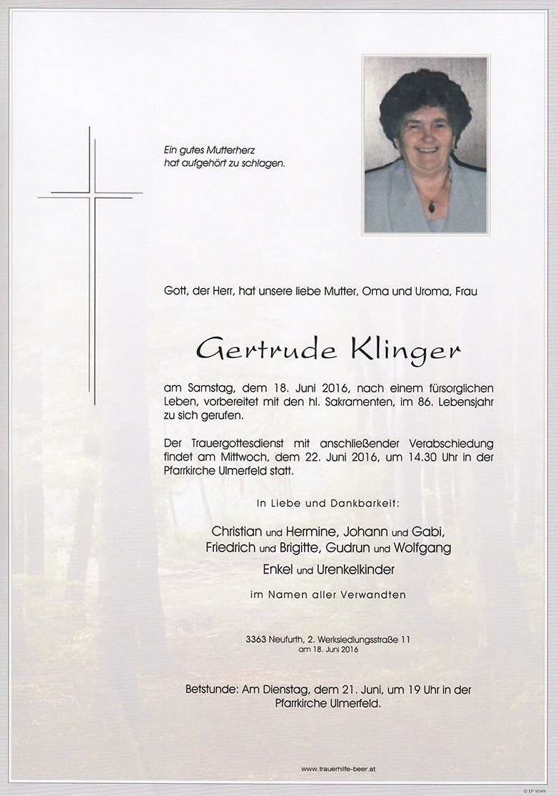 Traueranzeige von Gertrude Klinger
