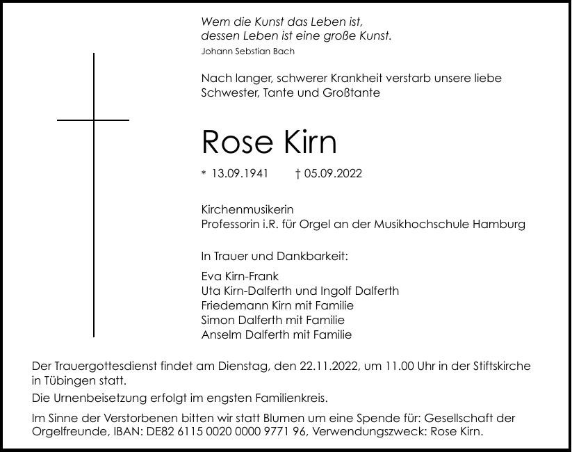 Traueranzeige von Rose Kirn