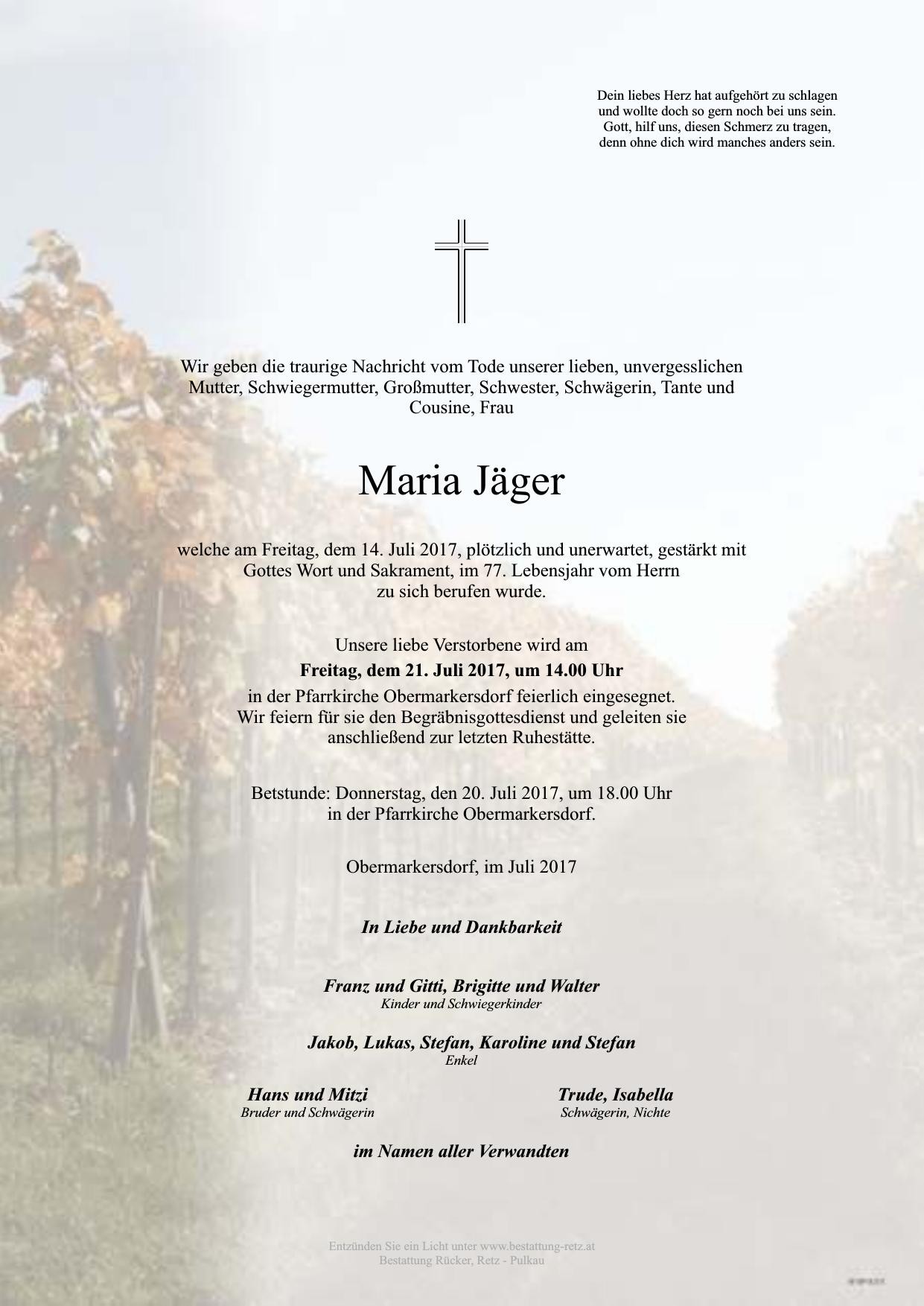 Traueranzeige von Maria Jäger