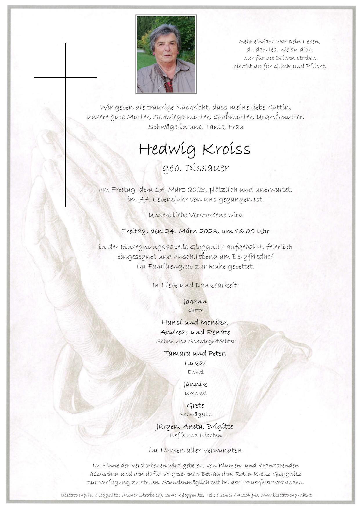 Traueranzeige von Hedwig Kroiss