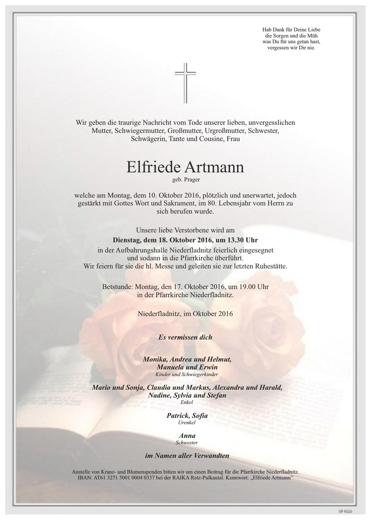 Traueranzeige von Elfriede Artmann
