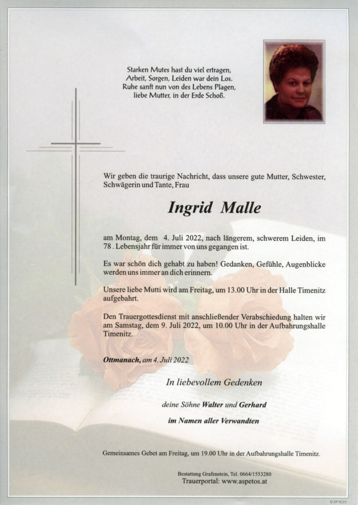 Traueranzeige von Frau Ingrid Malle