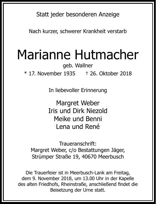 Traueranzeige von Marianne Hutmacher