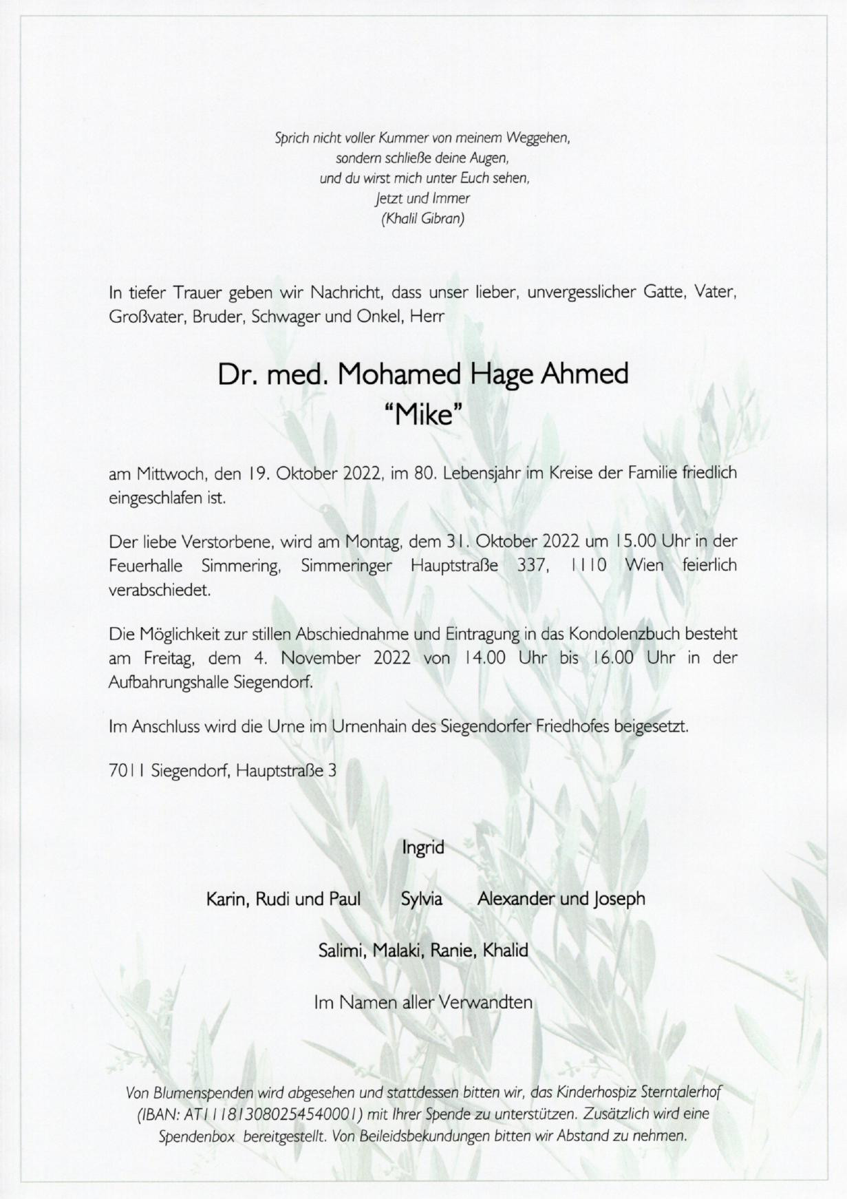 Traueranzeige von Dr. med. Mohamed Hage Ahmed
