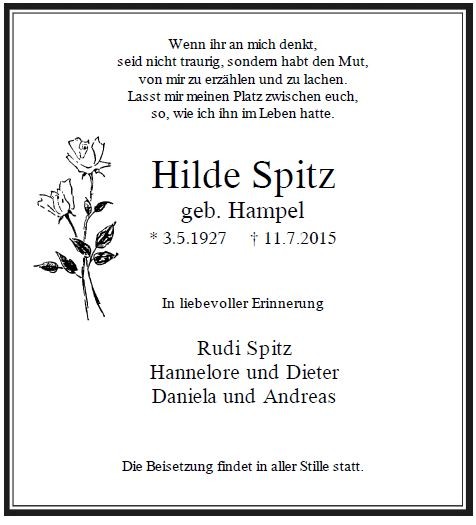 Traueranzeige von Hilde Spitz