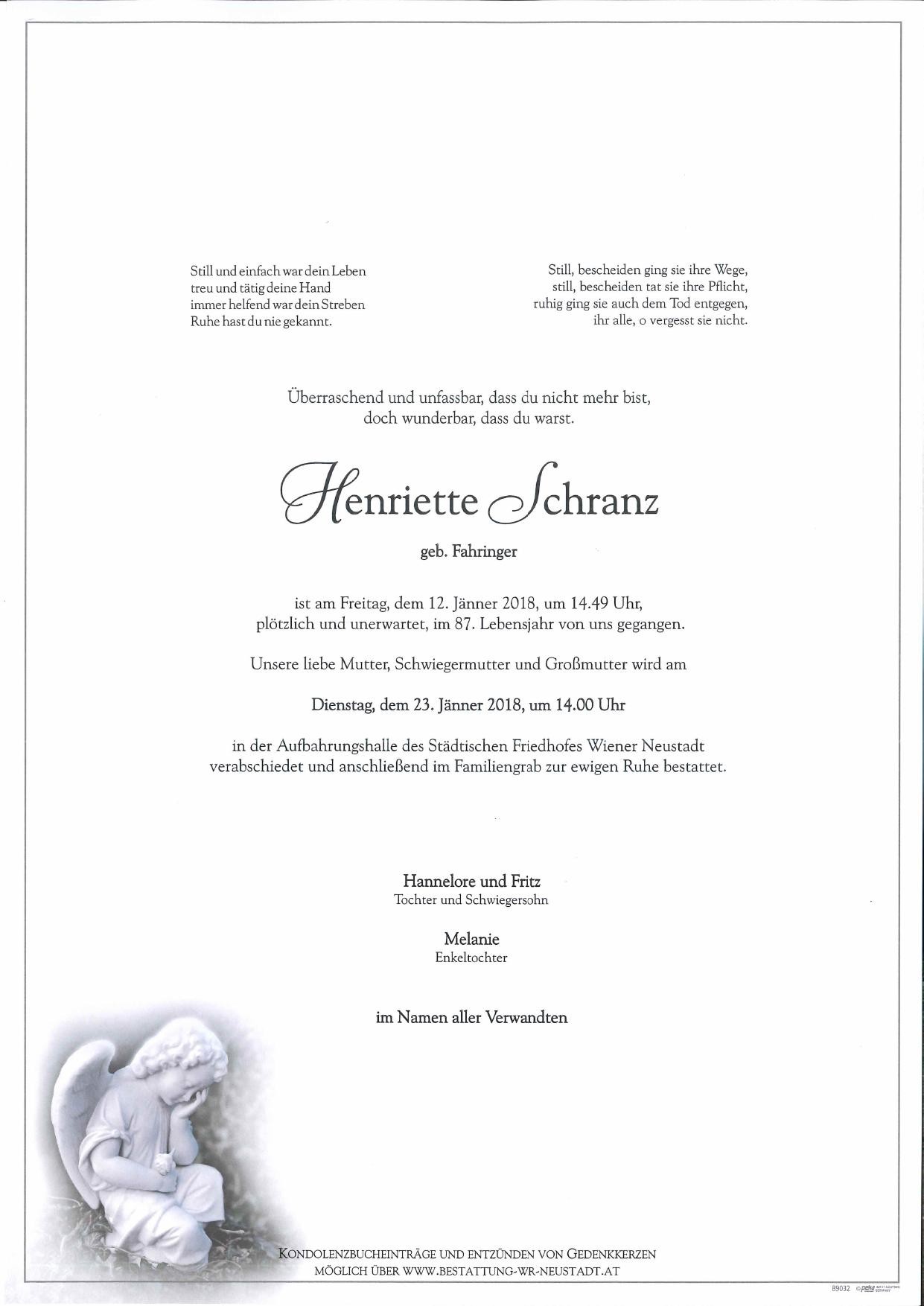 Traueranzeige von Henriette Schranz