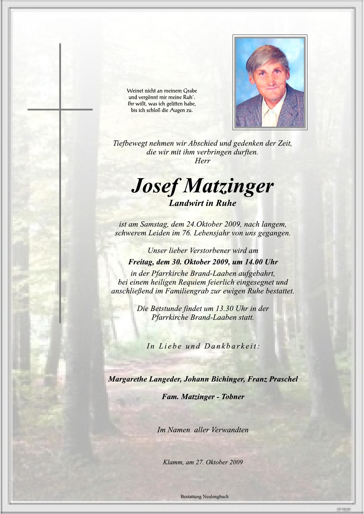 Traueranzeige von Josef Matzinger