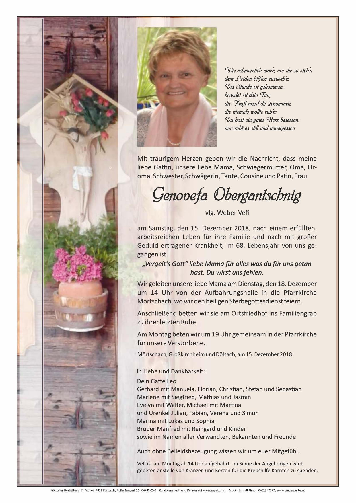 Traueranzeige von Genovefa Obergantschnig