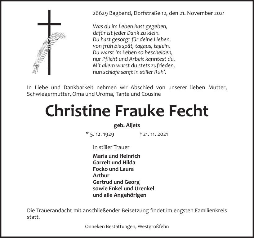 Traueranzeige von Christine Fecht
