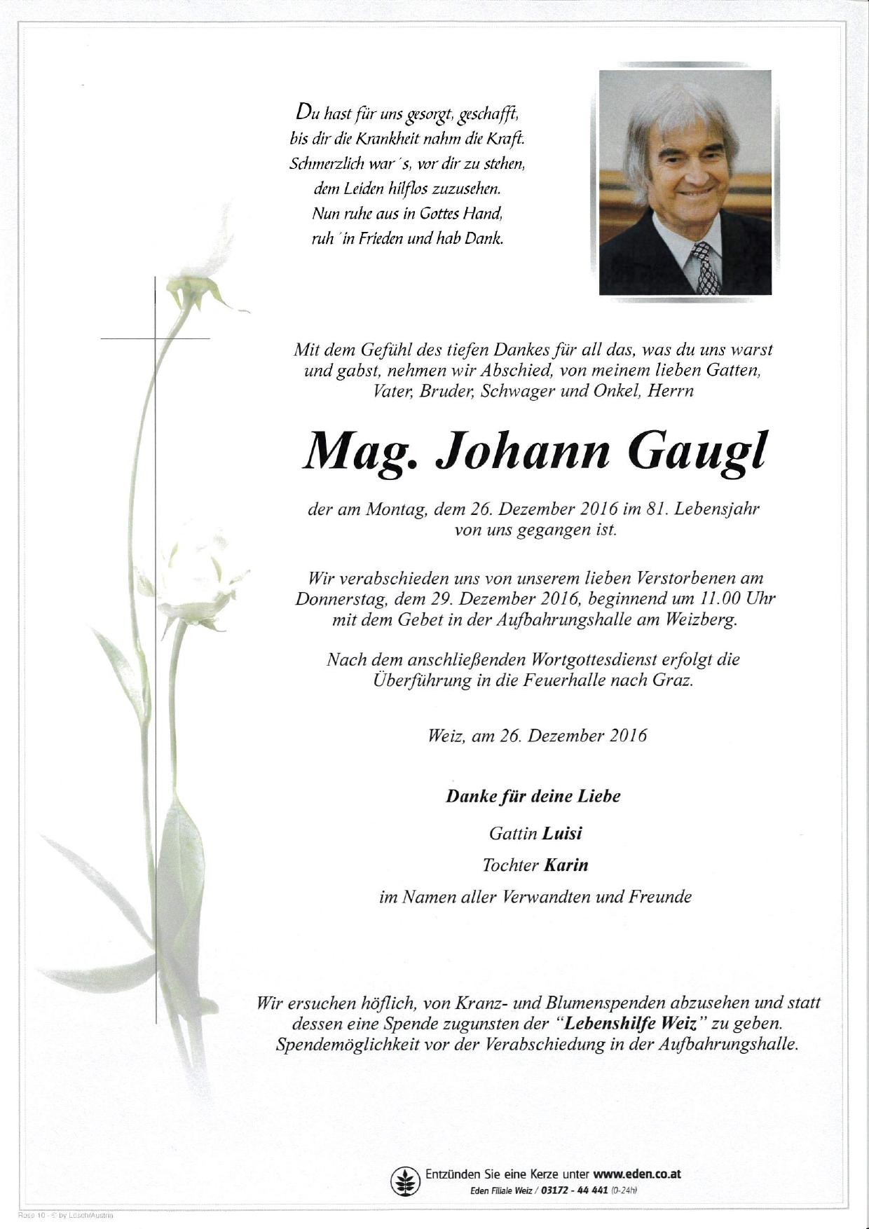 Traueranzeige von Mag. Johann Gaugl