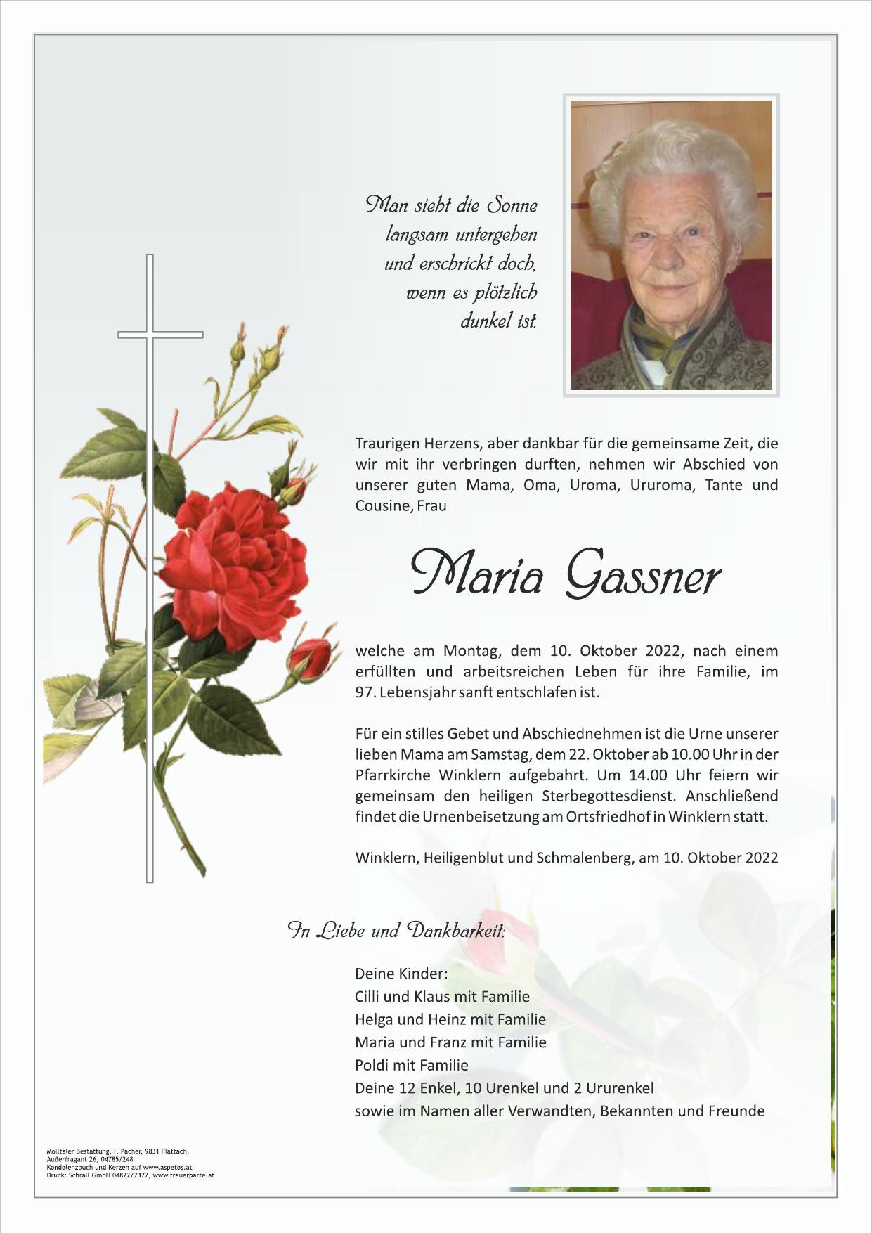 Traueranzeige von Maria Gassner