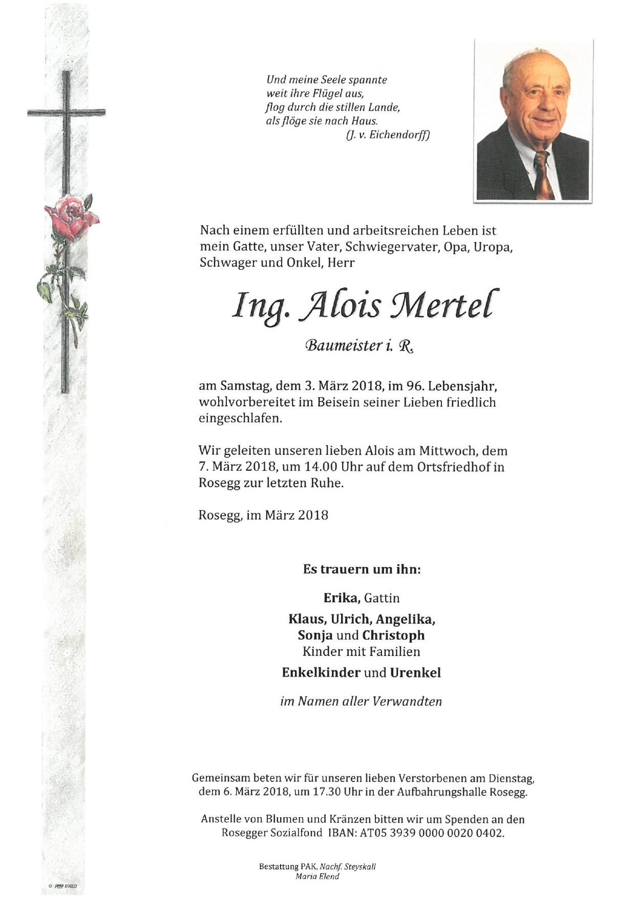 Traueranzeige von Ing. Alois Mertel