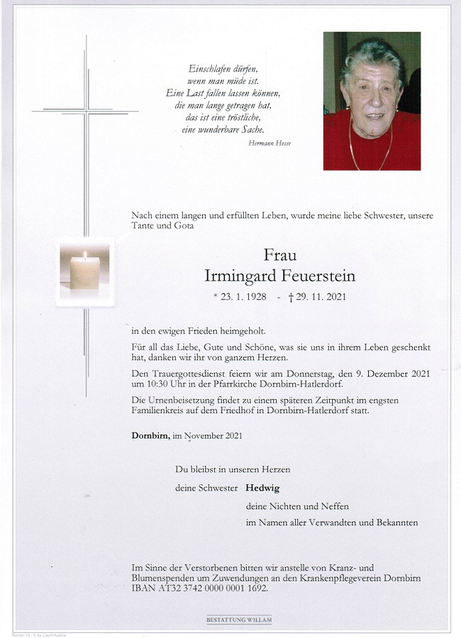 Traueranzeige von Irmingard Feuerstein