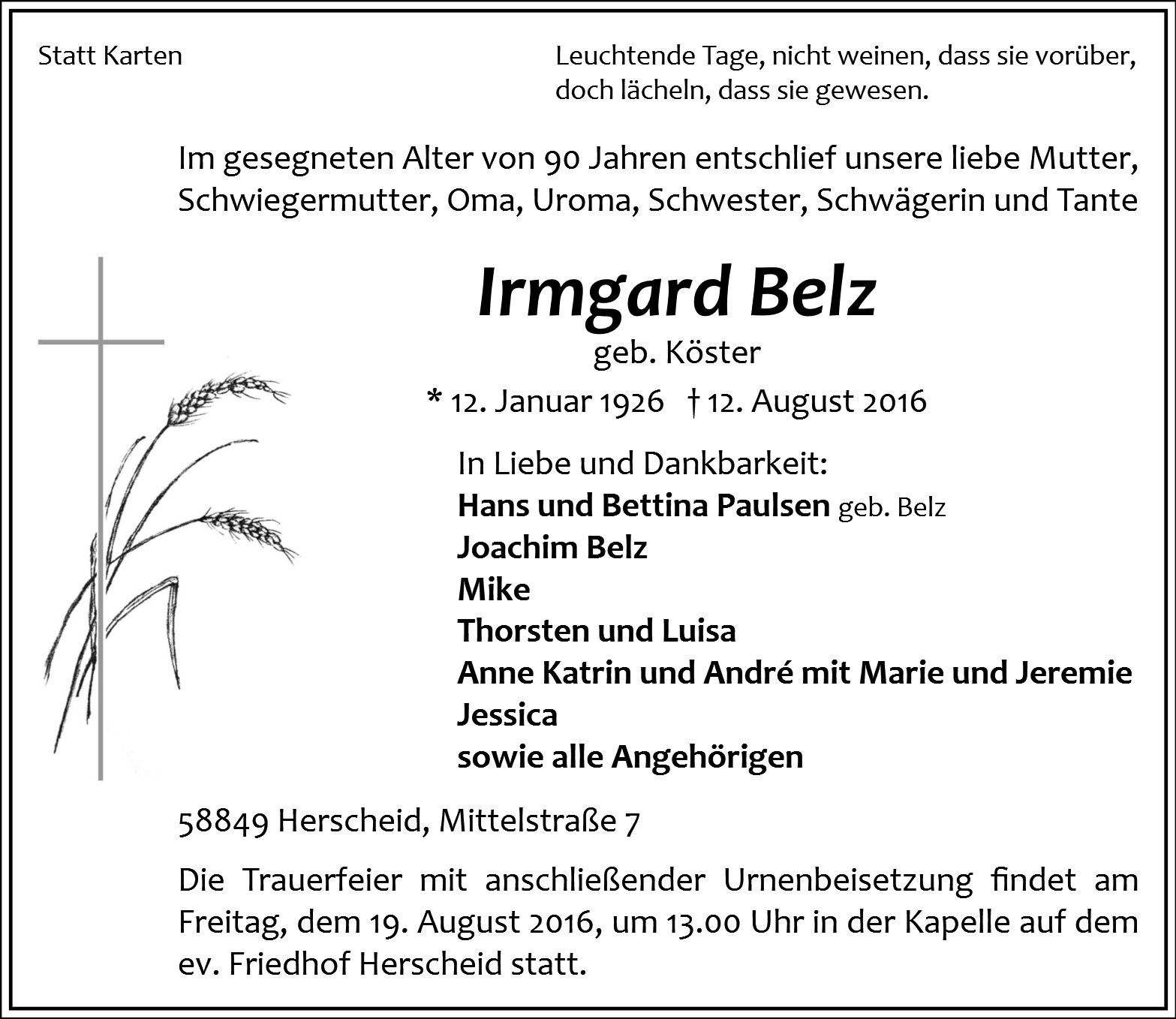 Traueranzeige von Irmgard Belz