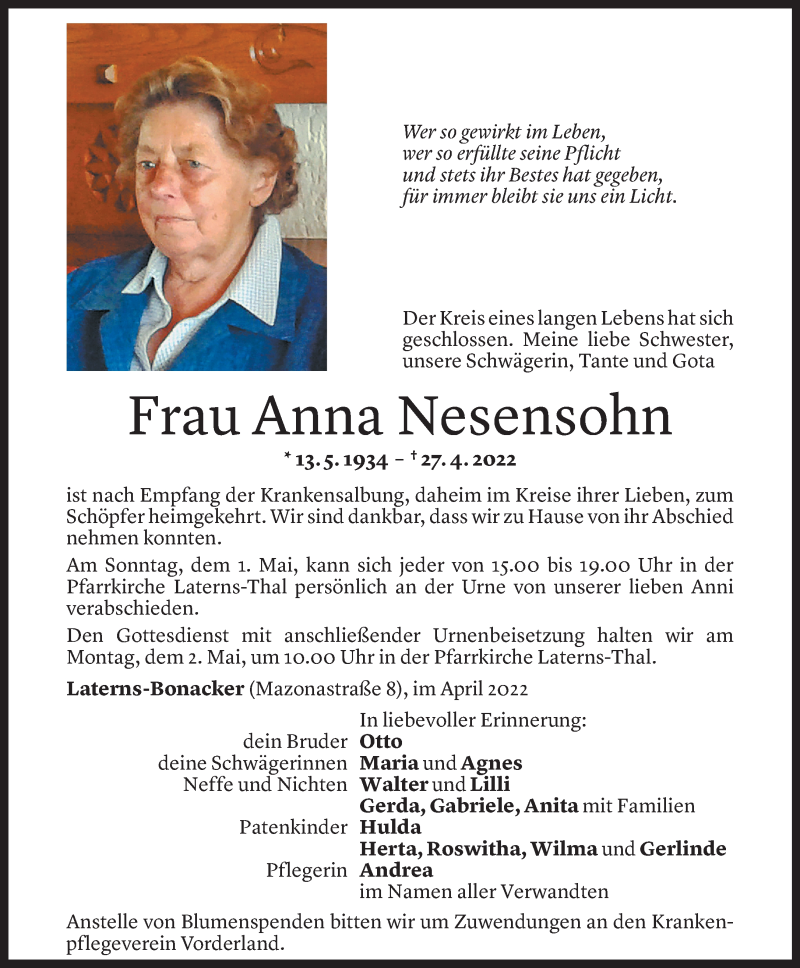 Traueranzeige von Anna Nesensohn